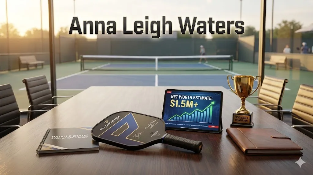 Anna Leigh Waters signature Paddletek pickleball paddle on a desk next to a trophy and a digital display showing a net worth estimate graph.