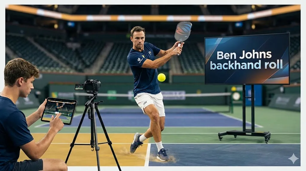 Player demonstrating the two-handed Ben Johns backhand roll technique on an indoor pickleball court with a digital display background.