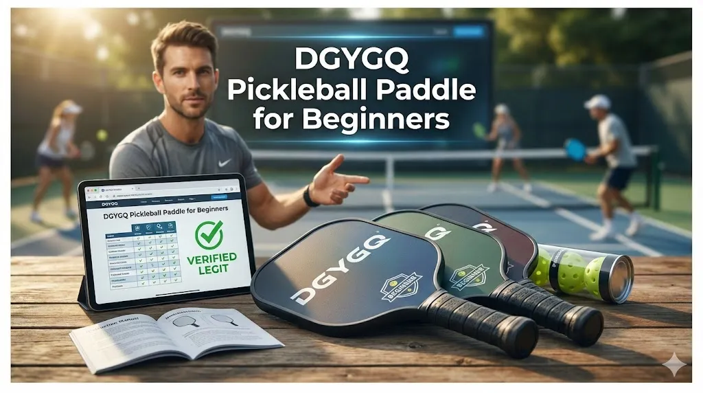 DGYGQ Pickleball Paddle for Beginners review showing verified legit status and paddle set on a wooden table