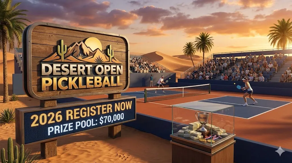 2026 Desert Open Pickleball tournament sign displaying 70,000 dollar prize pool and championship trophy with a desert background