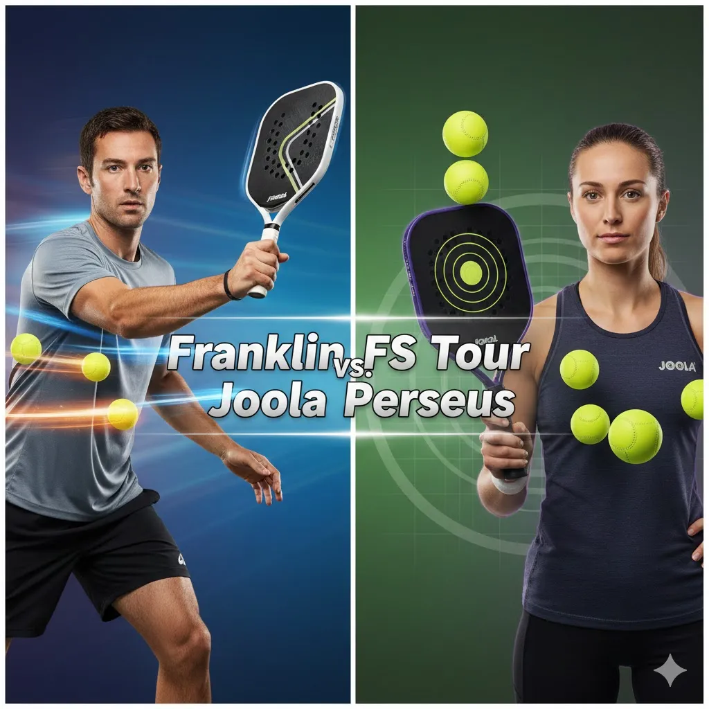 Franklin FS Tour vs Joola Perseus pickleball paddles comparison showcasing the difference between speed and control with split-screen visual effects