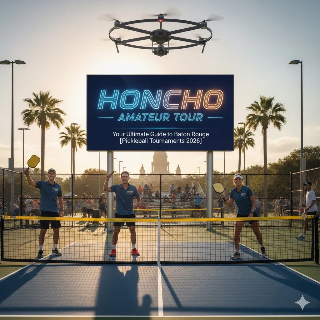 Honcho Amateur Tour 2026 participants playing pickleball on a blue court in Baton Rouge with a digital billboard guide.