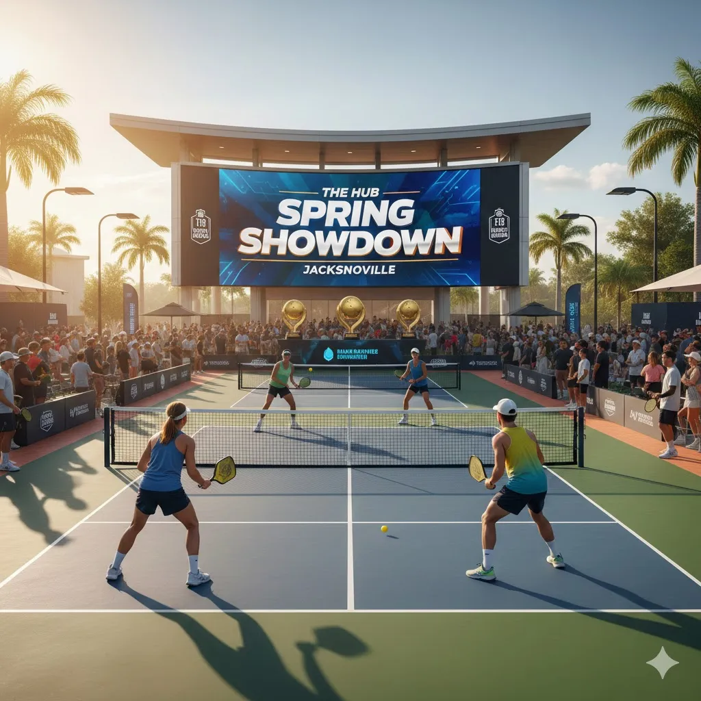 Professional pickleball players competing during The Hub Spring Showdown Jacksonville tournament on outdoor courts with palm trees and a large digital scoreboard in Florida.