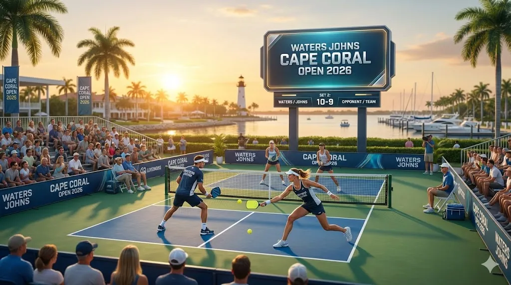 Anna Leigh Waters and Ben Johns competing in the mixed doubles semifinal under the Florida sun at the Waters Johns Cape Coral Open 2026