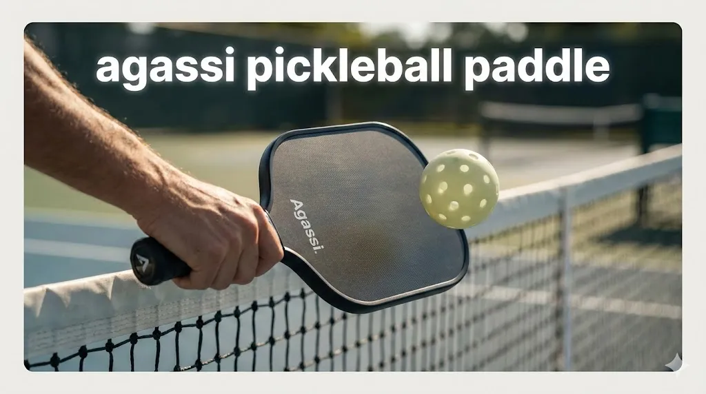 Close-up action shot of a player hitting the ball over the net with a black agassi pickleball paddle during a match