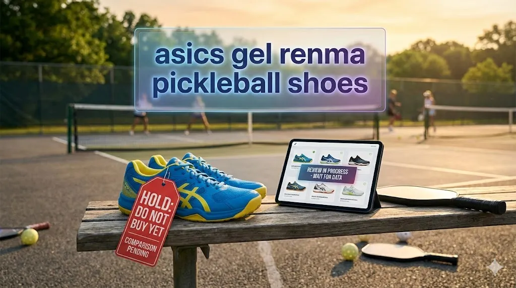 Asics Gel Renma pickleball shoes on a court bench with a review comparison tag indicating a sizing test
