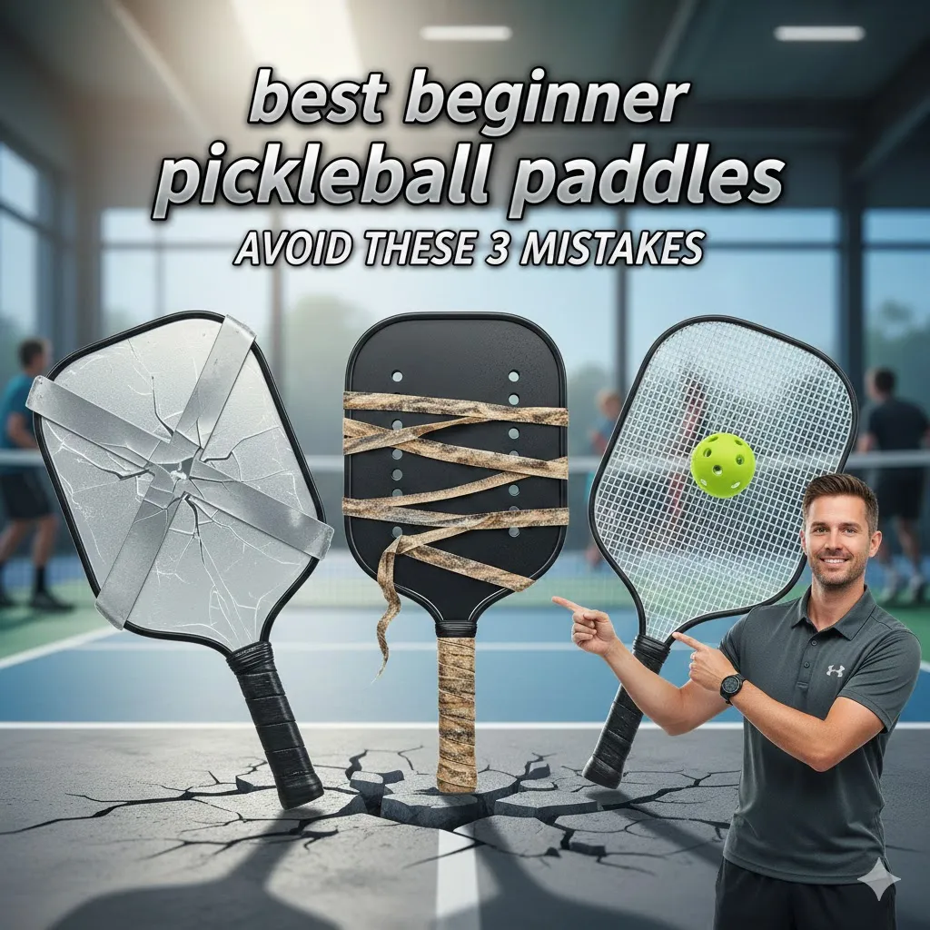 A professional guide showing the best beginner pickleball paddles while highlighting three common equipment mistakes to avoid for new players.