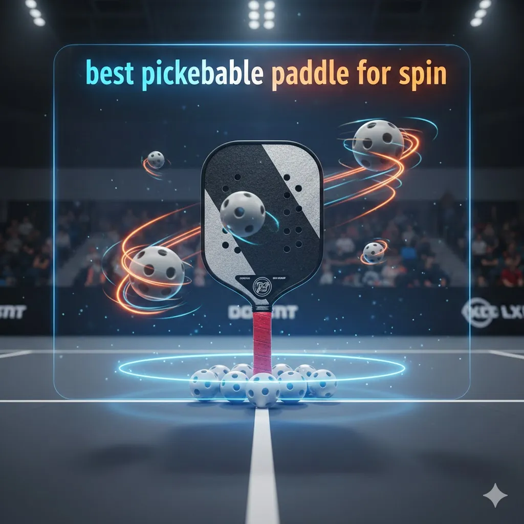 A dynamic illustration showing the best pickleball paddle for spin generating heavy topspin on a court with glowing motion trails