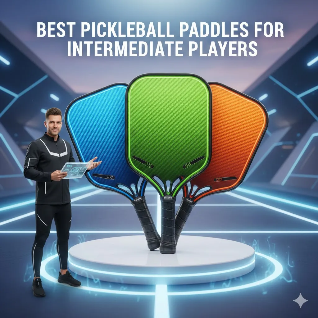 Best pickleball paddles for intermediate players featuring three colorful carbon fiber paddles on a futuristic court with a coach presenting them.