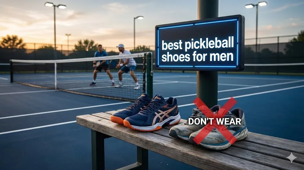 Comparison showing the best pickleball shoes for men on a court bench next to prohibited running shoes with a red warning cross indicating what not to wear