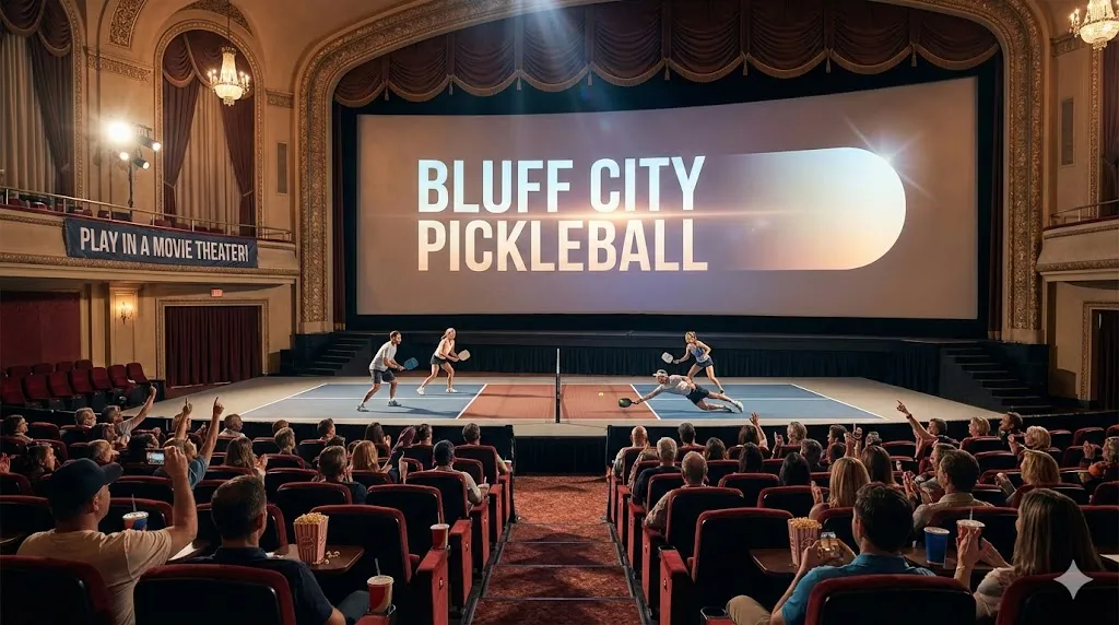 Players enjoying a competitive match at Bluff City Pickleball on indoor courts located inside a renovated movie theater with a large screen background in Bartlett.
