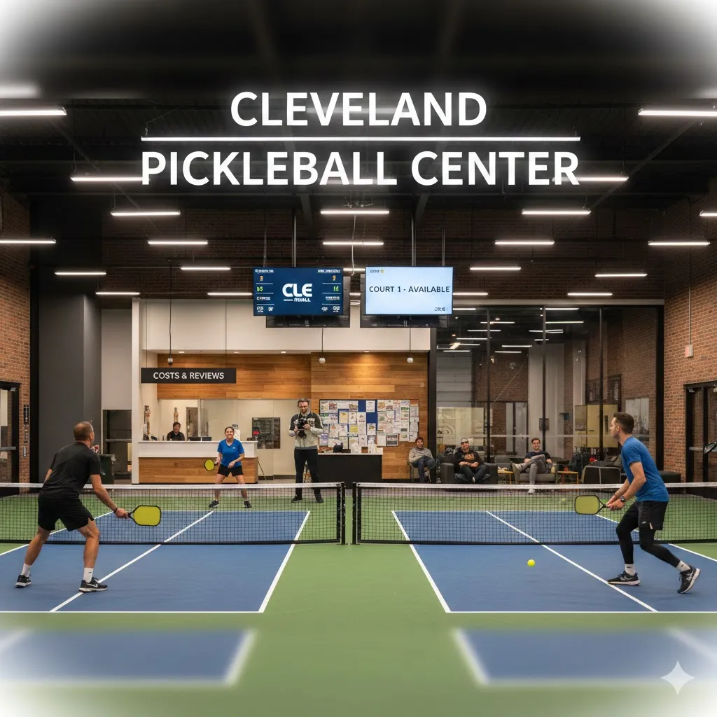 Indoor doubles pickleball match at Cleveland Pickleball Center with players rallying on blue and green courts, spectators watching, and digital scoreboards above the net.