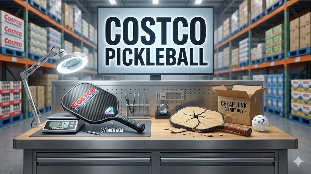 Costco pickleball gear review concept showing a high-quality hidden gem paddle being weighed on a scale next to a broken cheap junk paddle in a testing lab