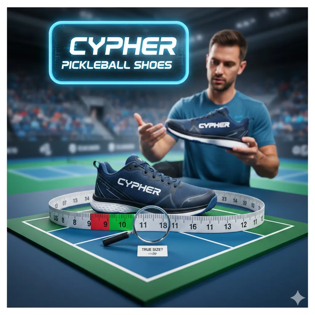 Man measuring Cypher pickleball shoes with a tape measure to check for accurate sizing and fit on a pickleball court surface