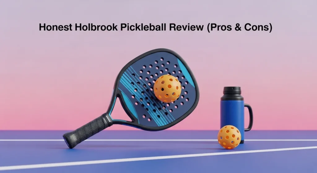 A blue paddle next to yellow pickleballs and a water bottle on a colorful court surface, featured in an honest holbrook pickleball paddle review discussing pros and cons.
