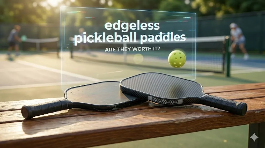 Close up view of two edgeless pickleball paddles resting on a court bench comparing durability and performance for professional players