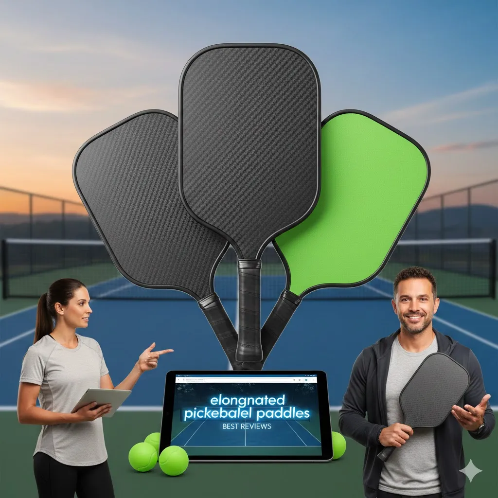 A man and a woman reviewing the best elongated pickleball paddles on an outdoor court