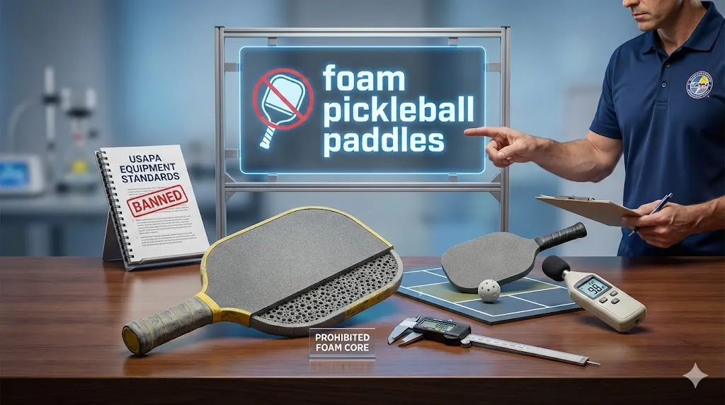 Cross section view of prohibited solid core foam pickleball paddles displayed next to USAPA equipment standards book and sound testing meter