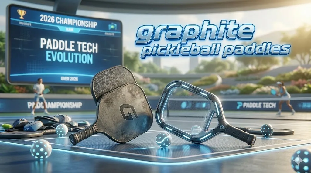 High performance graphite pickleball paddles on a blue court surface showcasing paddle tech evolution for the 2026 championship season