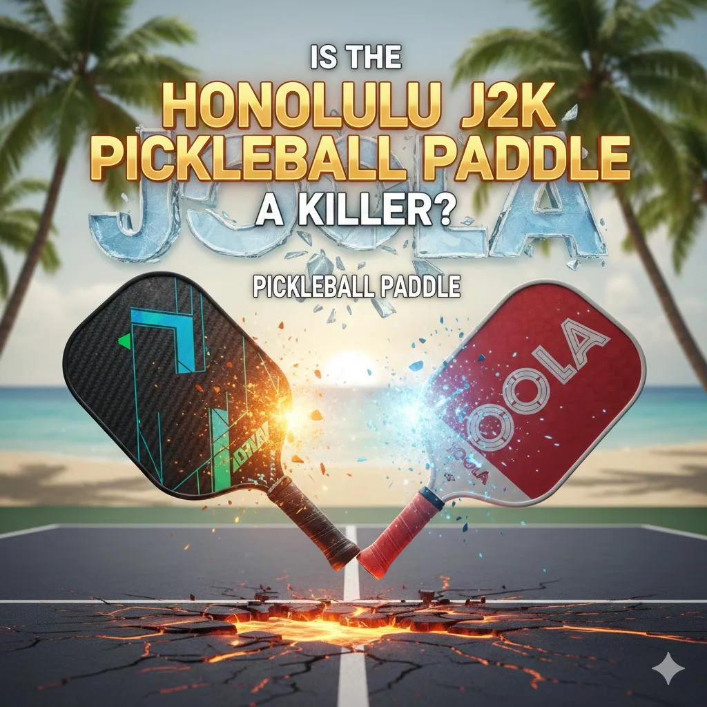 A high-action comparison shot of the Honolulu J2K Pickleball Paddle clashing with a Joola paddle on a court at sunset, highlighting its status as a top-tier competitor.