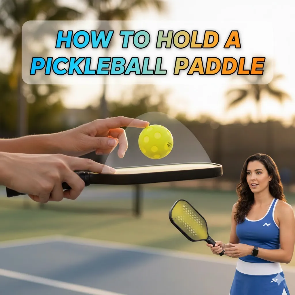 A close up of a player on the court demonstrating how to hold a pickleball paddle using a two handed backhand grip