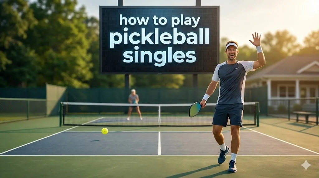 Male player standing on a sunny court demonstrating how to play pickleball singles with an opponent waiting in the background