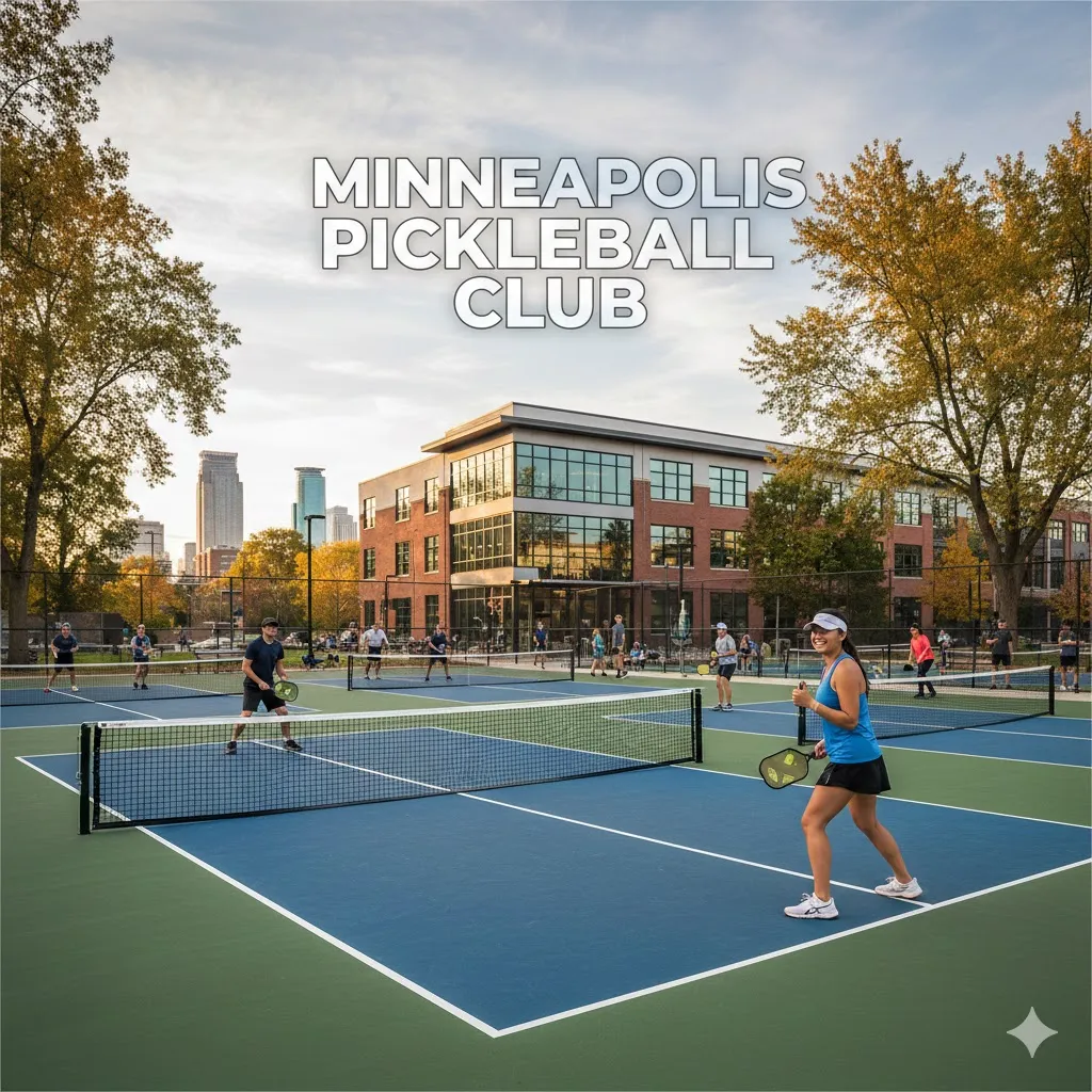 Players enjoying a sunny day at Minneapolis Pickleball Club courts with downtown skyline in background