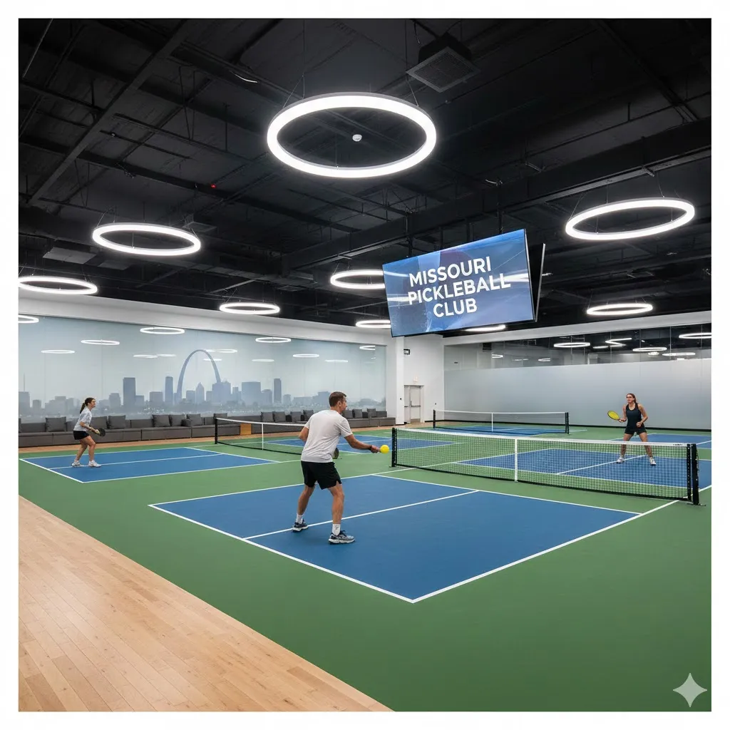 Professional indoor court layout at Missouri Pickleball Club featuring cushioned blue and green surfaces with modern circular LED lighting and St. Louis skyline views.