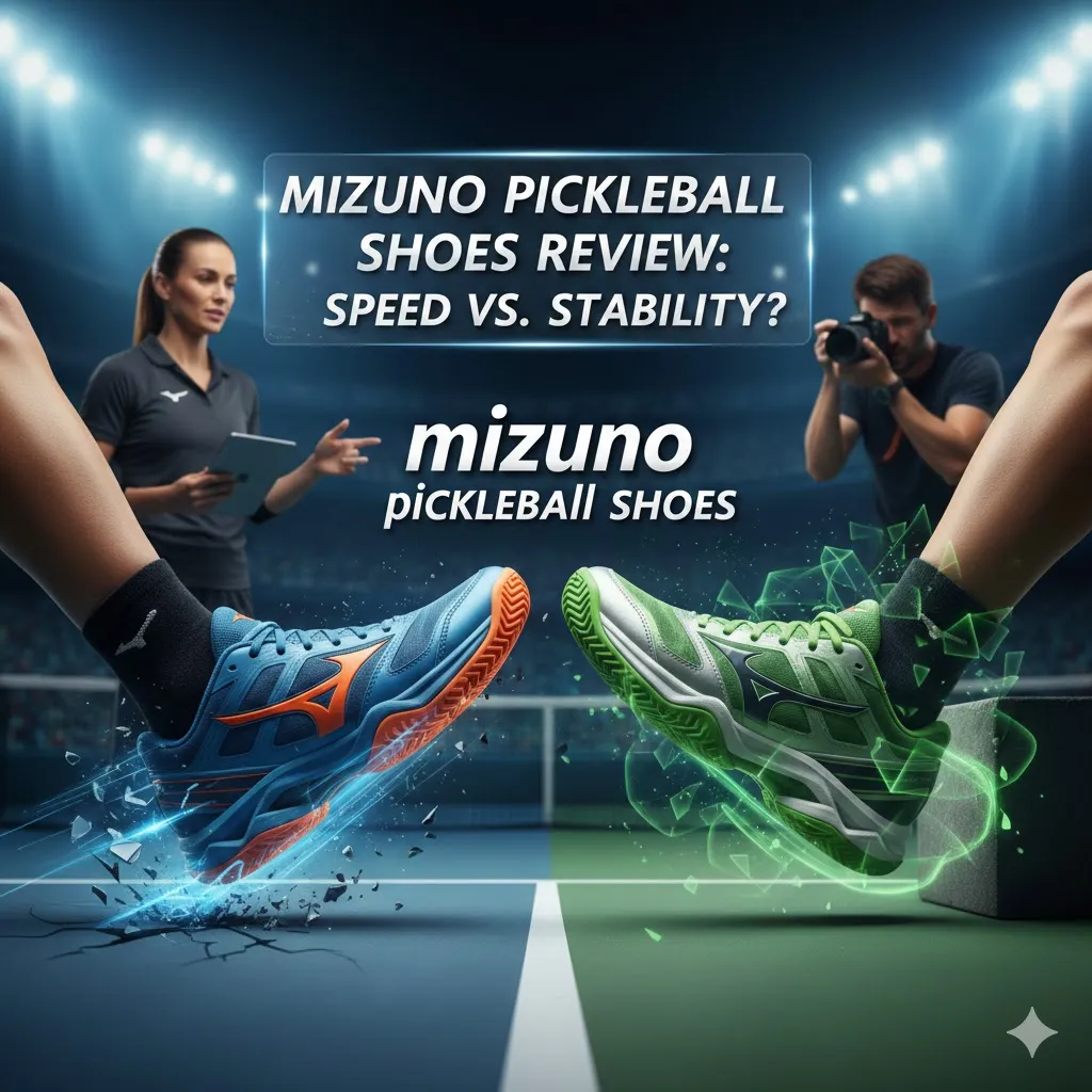 Mizuno pickleball shoes comparison graphic showing two players’ feet facing each other on a court—one blue shoe symbolizing speed with a cracked ground effect, and one green shoe symbolizing stability with glowing energy—under stadium lights, with a coach holding a tablet and a photographer in the background.