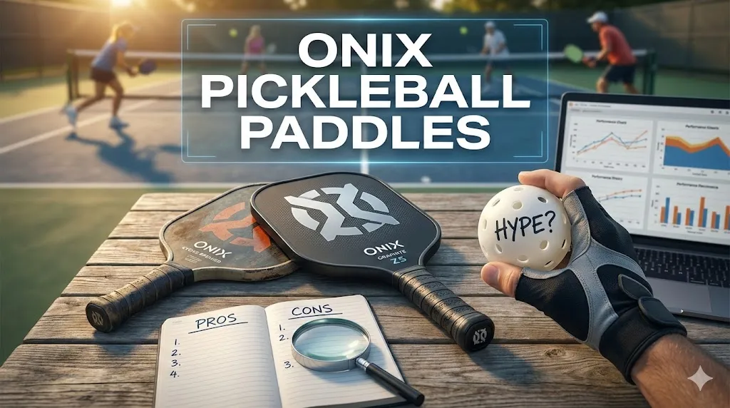 A detailed review setup featuring an Onix Z5 graphite pickleball paddle, a pros and cons notebook, and a pickleball, exploring if Onix pickleball paddles are worth the hype on an outdoor court.