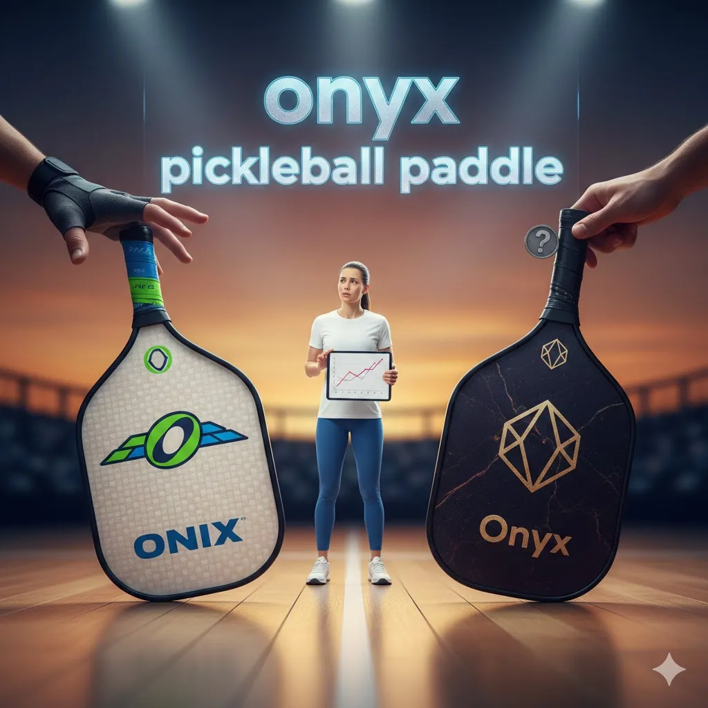 A confused player comparing an authentic Onix brand paddle with a generic onyx pickleball paddle to show the common brand misspelling and logo differences.