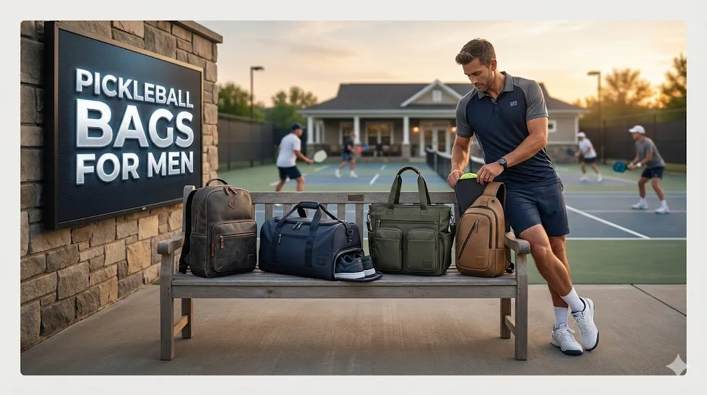 A male player reviewing different styles of pickleball bags for men on a court bench, including a leather backpack, a duffel with a dedicated shoe compartment, and a compact sling bag.