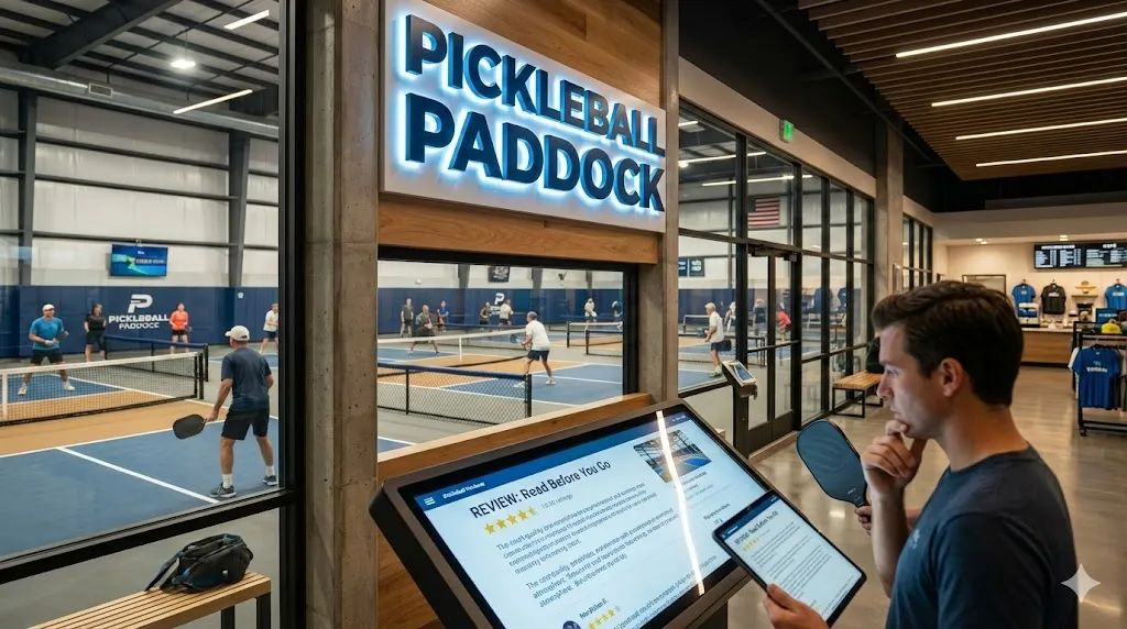 Interior view of Pickleball Paddock Lexington KY featuring professional indoor courts, LED lighting, and pro shop amenities