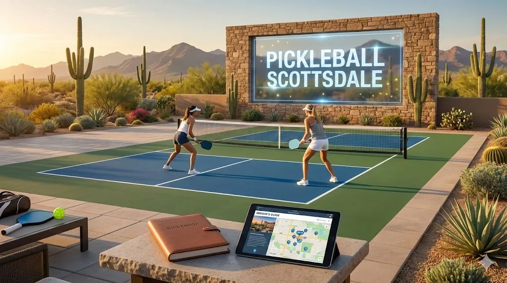 Two women playing a match at a scenic pickleball scottsdale court with mountain views, featuring a digital map and guidebook in the foreground.