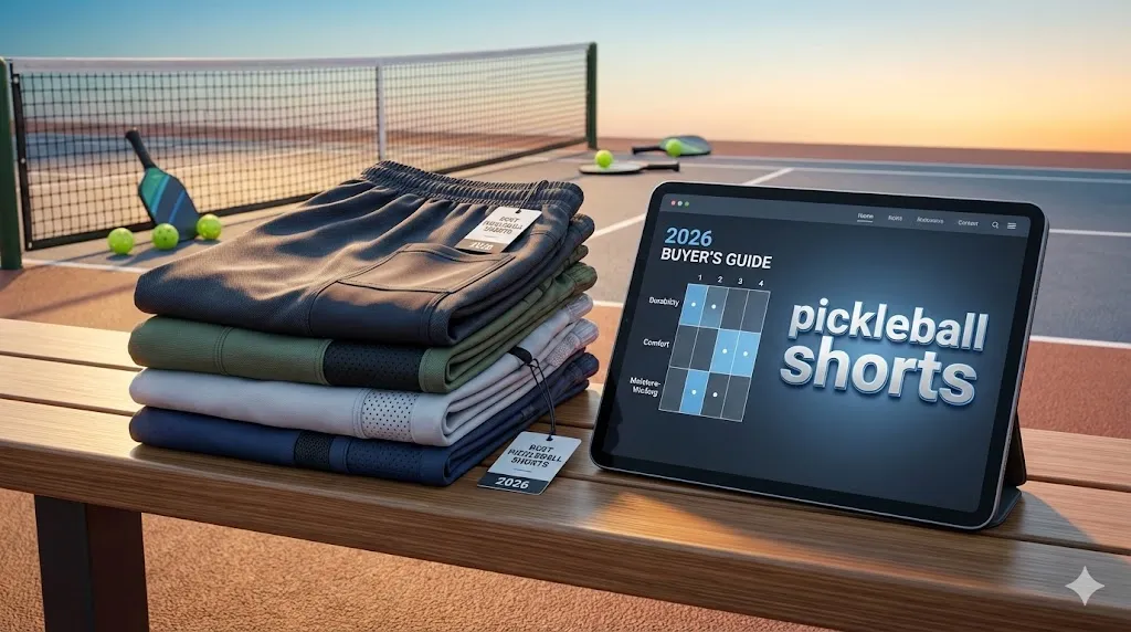 Stack of folded performance pickleball shorts on a court bench next to a tablet displaying a 2026 buyer's guide comparison chart for comfort and durability