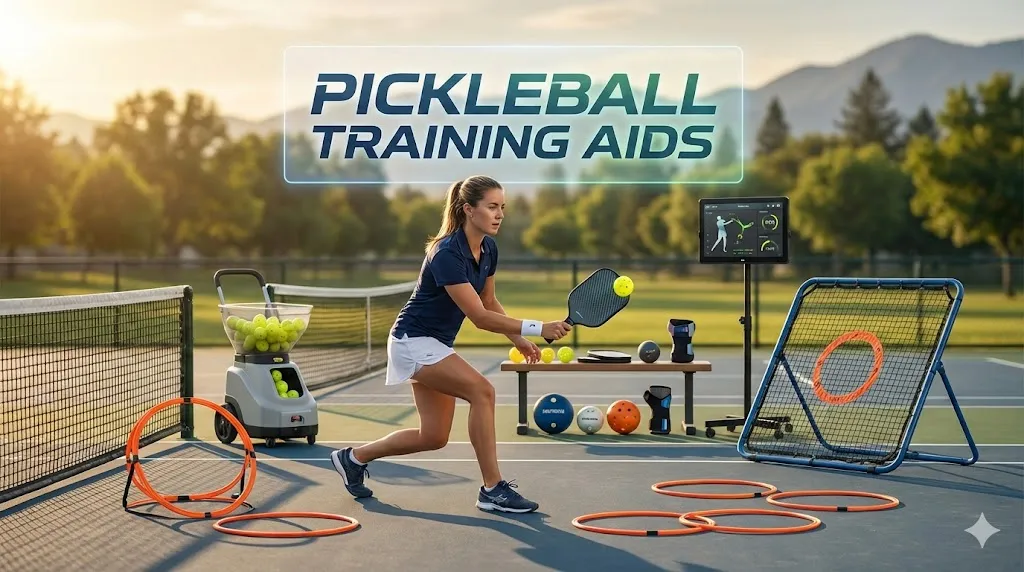 Female player practicing solo drills using essential pickleball training aids including a rebounder net and ball machine on an outdoor court