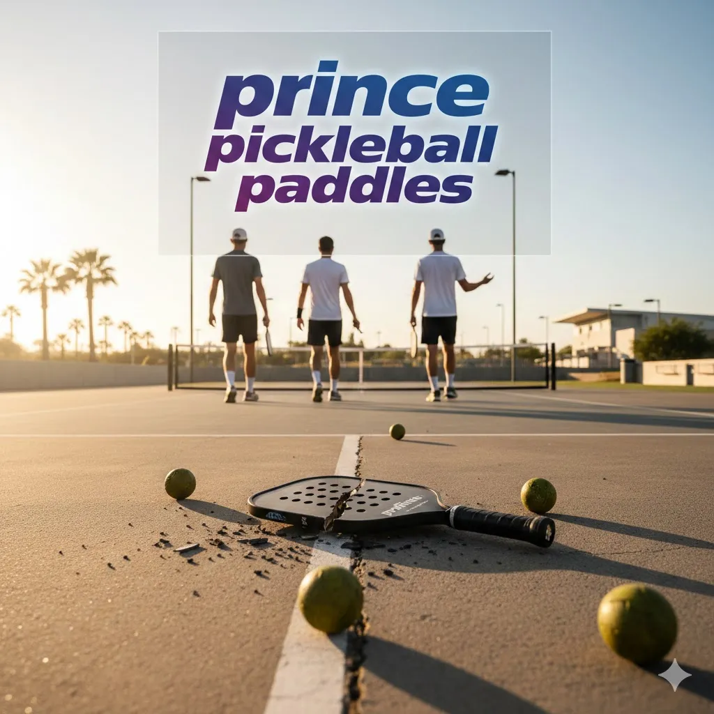 Three pickleball players standing on an outdoor court at sunset, facing the net with paddles in hand. A broken Prince pickleball paddle lies on the cracked court surface in the foreground next to green pickleballs. Prince Pickleball Paddles text overlay in bold purple and blue.