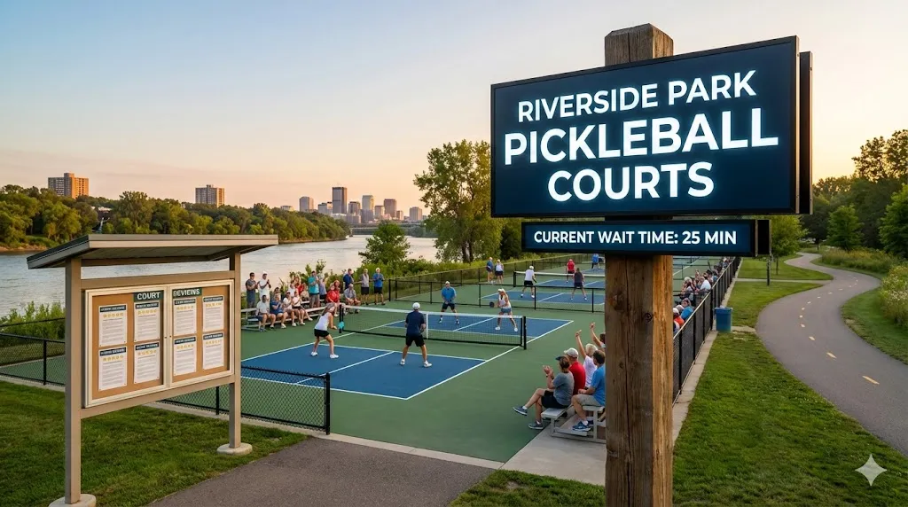 Busy Riverside Park pickleball courts along the Hudson River featuring a digital wait time sign and players in action during open play.