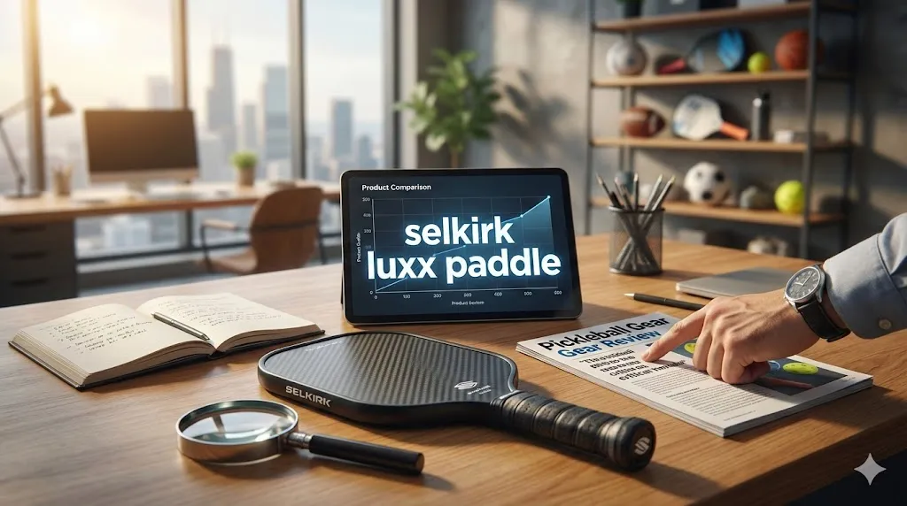 Selkirk Luxx Control Air pickleball paddle on a professional review desk with a magnifying glass and analysis charts highlighting technical specifications.