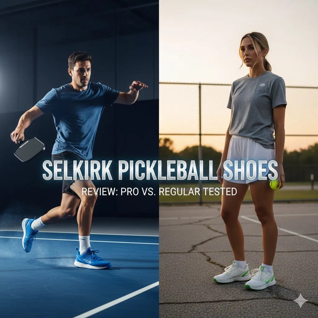 A professional 8K side-by-side comparison image for a Selkirk Pickleball shoes review. The left side features a male pro athlete in dynamic action on a blue indoor court, while the right side shows a female player in a relaxed pose on an outdoor court. Centered in bold, modern typography is the text 'SELKIRK PICKLEBALL SHOES' and the sub-header 'REVIEW: PRO VS. REGULAR TESTED', featuring cinematic lighting and high-end commercial photography style