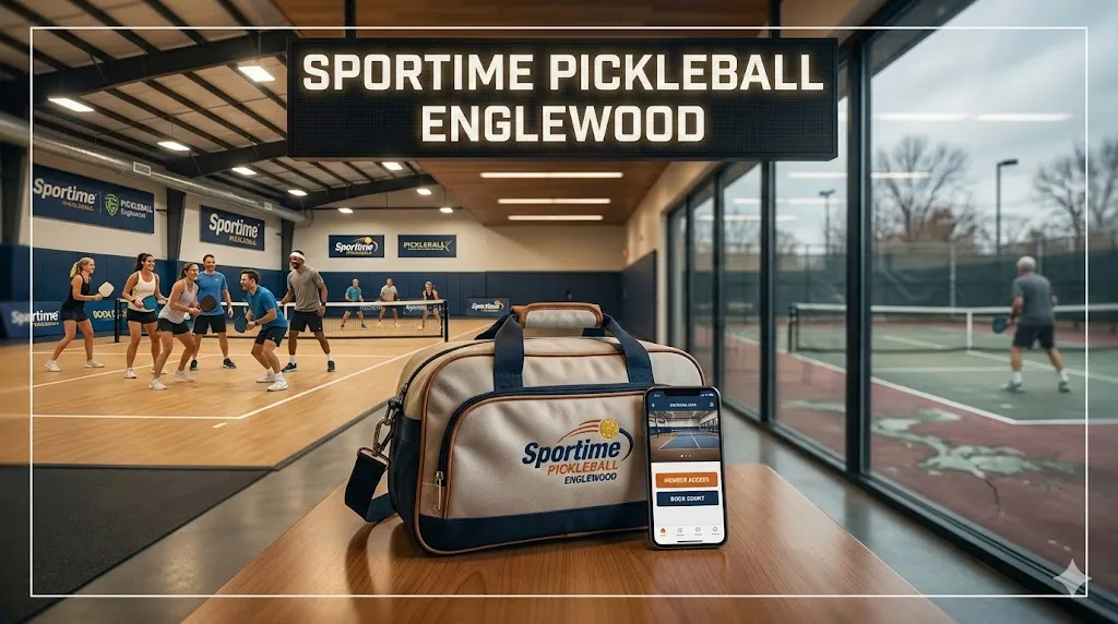 Sportime Pickleball Englewood indoor courts view featuring a branded gear bag and mobile booking app on a table.