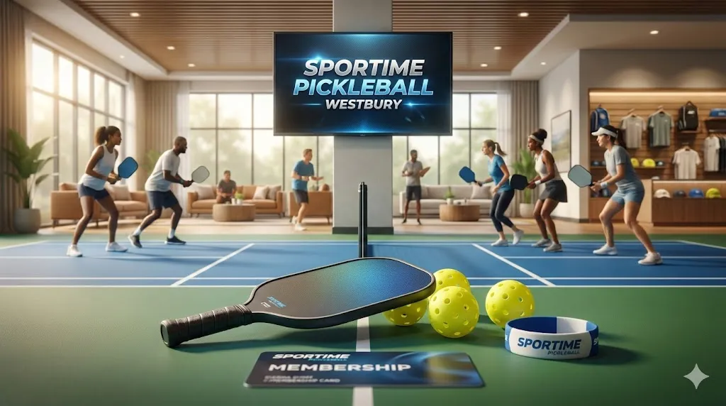 Players enjoying a match on the dedicated indoor courts at Sportime Pickleball Westbury with a paddle and balls displayed in the foreground