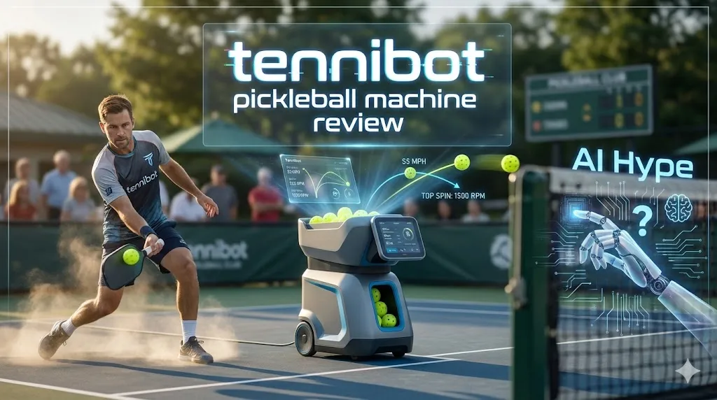 A pickleball player practicing with an advanced smart launcher showing AI trajectory graphics for our comprehensive tennibot pickleball machine review