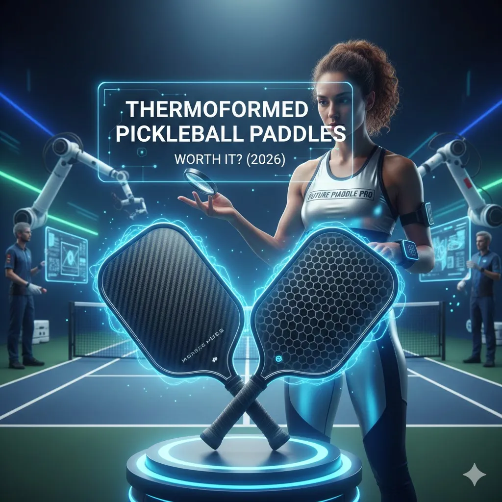 A high-tech digital illustration showcasing premium thermoformed pickleball paddles with a raw carbon fiber surface and honeycomb core, featuring a professional player in a futuristic court setting to highlight the 2026 technology trends.