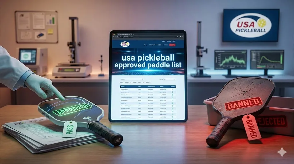 A tablet displaying the official usa pickleball approved paddle list website next to a green certified paddle and a red banned paddle in a bin