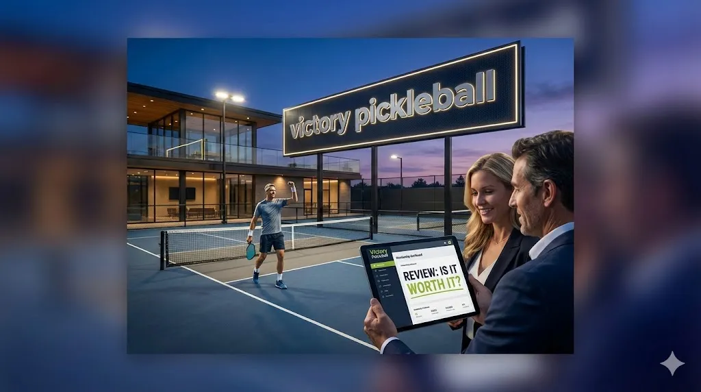 Alt Text: Couple looking at a digital review of Victory Pickleball club facilities on a tablet asking is membership worth it in front of illuminated modern courts at night