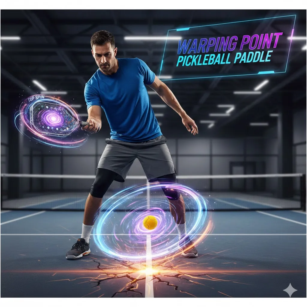 A professional player using a high-performance warping point pickleball paddle to generate maximum top spin and power on an indoor court.