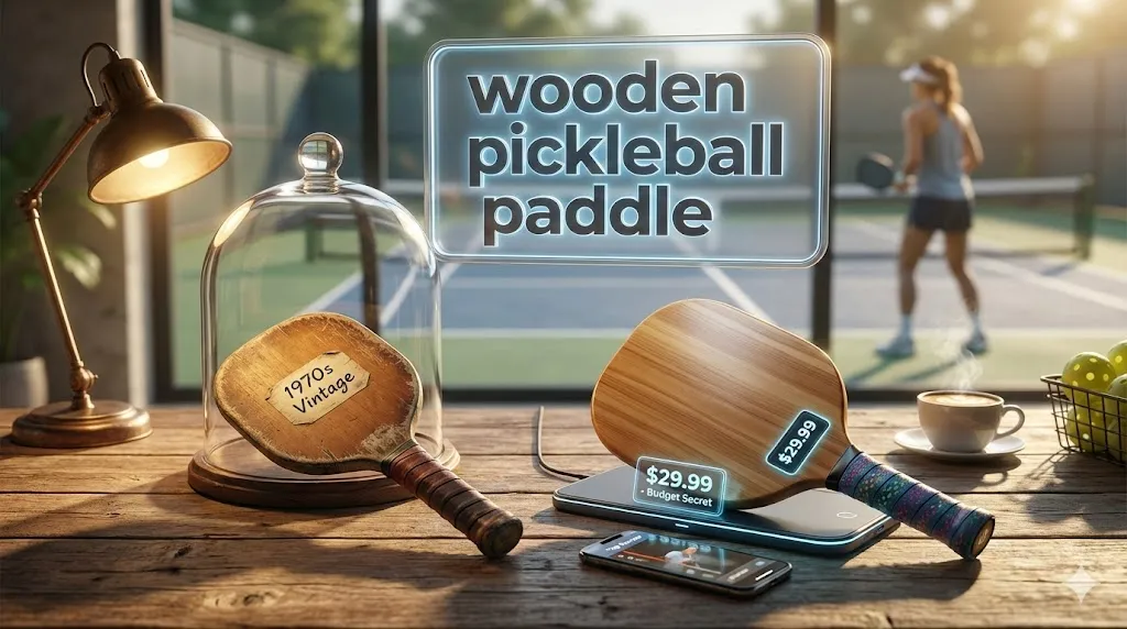 A side-by-side comparison displaying a vintage 1970s racket preserved under a glass dome next to a modern budget-friendly wooden pickleball paddle resting on a wooden desk with a coffee cup.